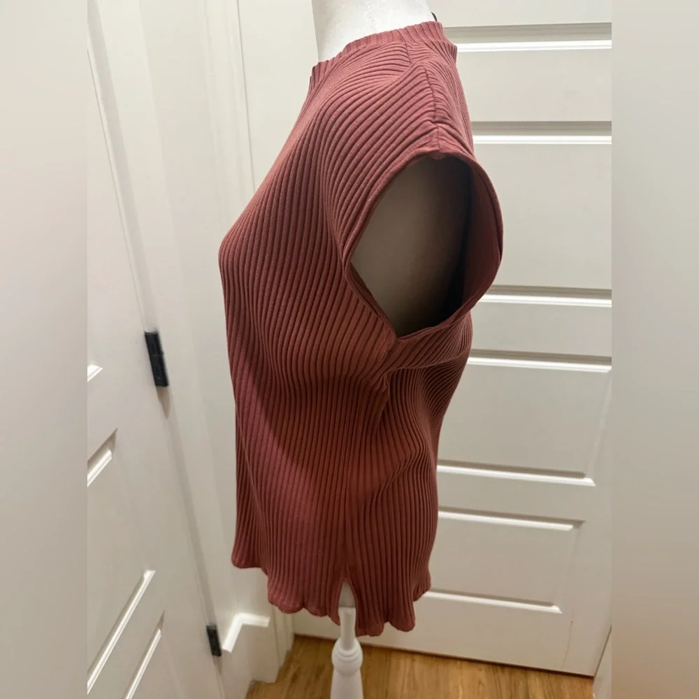 Eileen Fisher. Textured Stretch Rib Round Neck Top. Deep Terra Cotta. Large. - Picture 6 of 9